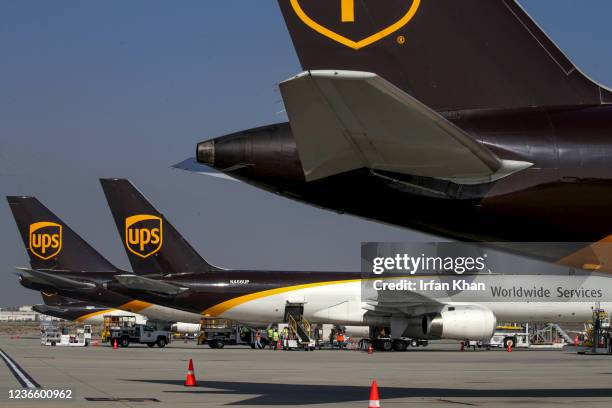 Ontario, CA Packages are being loaded onto UPS planes for shipment at the UPS West Coast Region Air Hub on Tuesday, Nov. 2, 2021 in Ontario, CA.