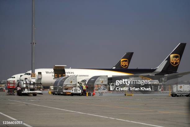 Ontario, CA Packages are being loaded onto UPS planes for shipment at the UPS West Coast Region Air Hub on Tuesday, Nov. 2, 2021 in Ontario, CA.