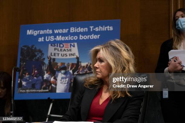 Sen. Marsha Blackburn listens to testimony from Department of Homeland Security Secretary Alejandro Mayorkas during a Senate Judiciary Committee...