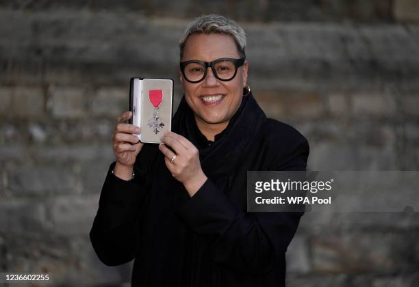 Gok Wan after he received his MBE from the Princess Royal during an Investiture Ceremony at Windsor Castle on November 16, 2021 in Windsor, England.
