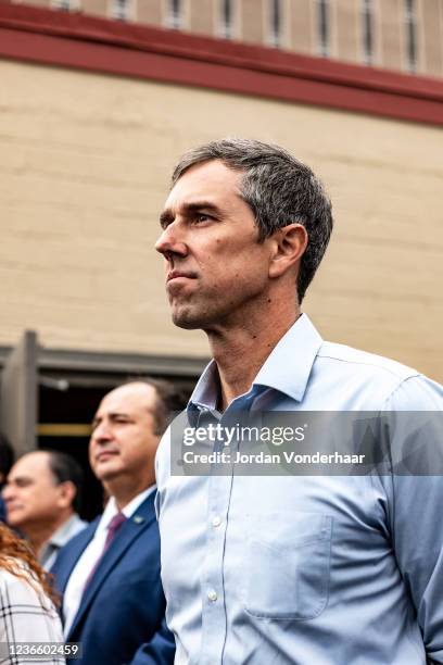 Texas Democratic gubernatorial candidate Beto O'Rourke waits to be brought on stage at a campaign event on November 16, 2021 in San Antonio, Texas....