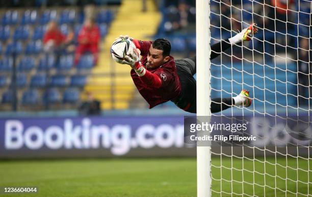 Ugurcan Cakir of Turkey warming up prior to the 2022 FIFA World Cup Qualifier match between Montenegro and Turkey at Gradski Stadion on November 16,...