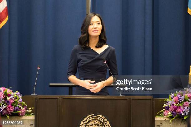 Boston mayor Michelle Wu delivers remarks after being sworn in on November 16, 2021 in Boston, Massachusetts. Wu is the city's first woman and person...