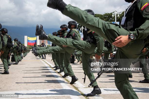 Members of the Bolivarian National Armed Forces march during the deployment of personnel and equipment that will be used in the operation Republican...