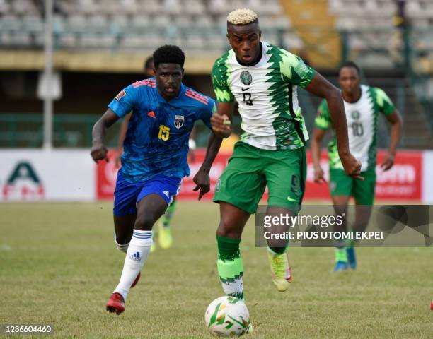 Cape Verde defender Paulo Fernandes fights for the ball with Nigerian attacker Victor Osimhen during the World Cup qualifier football match between...