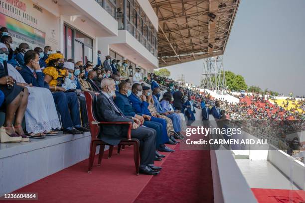 Senegal's President Macky Sall, Liberia's President Georges Weah and representatives of Mauritania, Ghana, Guinea-Conakry and Portugal are seen with...