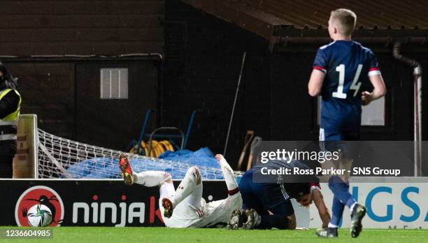 Scotland's Josh Doig fouls Belgium's Yorbe Vertessen in the box during a UEFA Under-21 Championship qualifying match between Scotland and Belgium at...