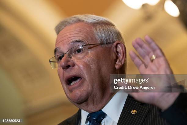 Sen. Bob Menendez speaks to the press after a lunch meeting with Senate Democrats at the U.S. Capitol November 16, 2021 in Washington, DC. Senate...