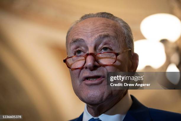 Senate Majority Leader Chuck Schumer speaks to the press after a lunch meeting with Senate Democrats at the U.S. Capitol November 16, 2021 in...
