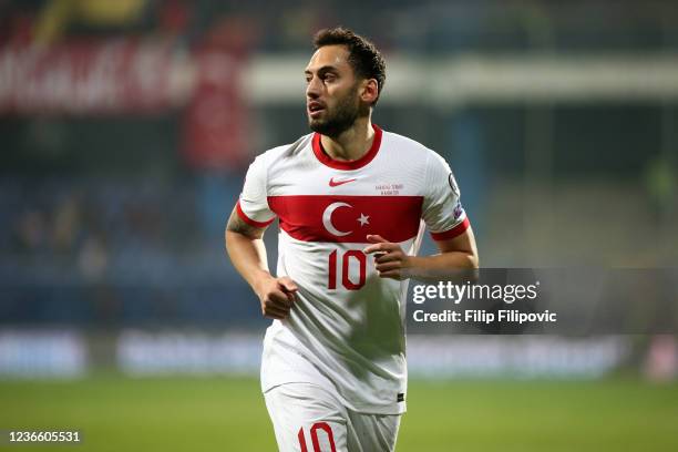 Hakan Calhanoglu of Turkey looks on during the 2022 FIFA World Cup Qualifier match between Montenegro and Turkey at Gradski Stadion on November 16,...