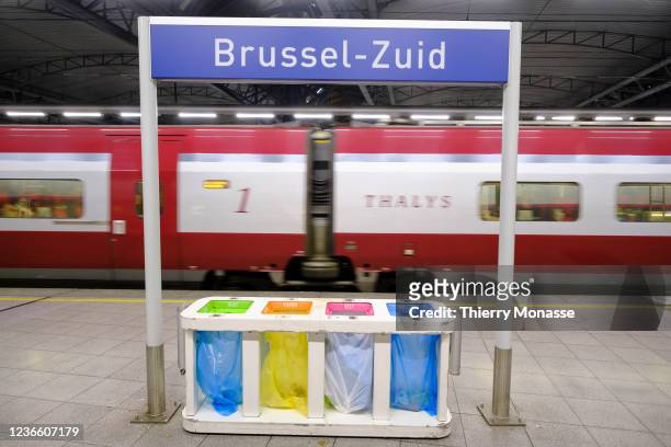 Thalys is leaving 'Brussels-South railway station' train station to Paris Nord on November 16, 2021 in Brussels, Belgium. Thalys International, a...