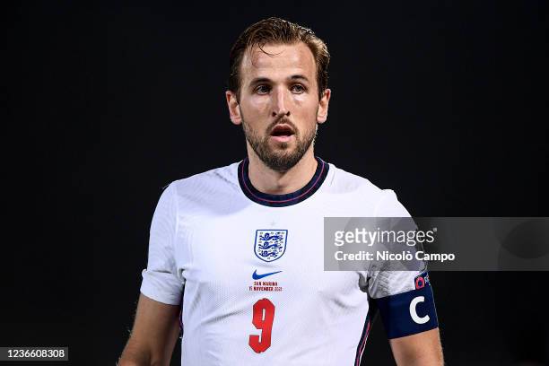 Harry Kane of England looks on during the 2022 FIFA World Cup European Qualifier football match between San Marino and England. England won 10-0 over...
