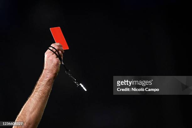 Red card is shown by referee Rade Obrenovic during the 2022 FIFA World Cup European Qualifier football match between San Marino and England. England...