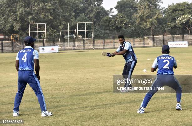 Gurugram, India - Nov. 16, 2021: Blind players of the Karnataka team at a practice session during the inauguration of the 4th Nagesh Trophy for T20...