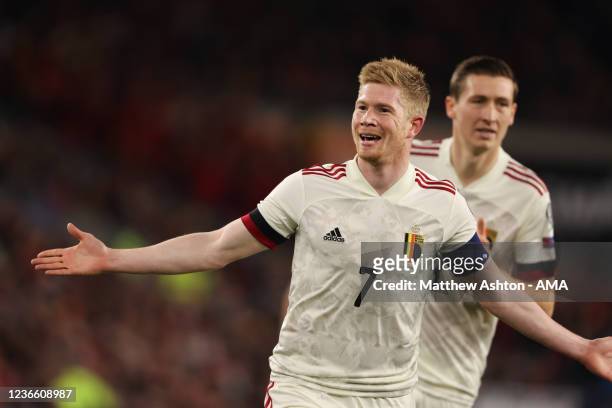 Kevin De Bruyne of Belgium celebrates after scoring a goal to make it 0-1 during the 2022 FIFA World Cup Qualifier match between Wales and Belgium at...