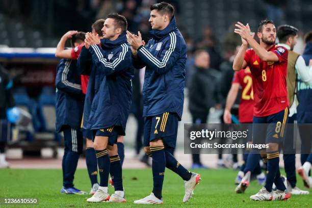 Pablo Sarabia of Spain, Alvaro Morata of Spain during the World Cup Qualifier match between Greece v Spain at the Spyros Louis on November 11, 2021...