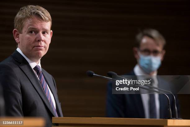 Response Minister Chris Hipkins and Director General of Health Dr Ashley Bloomfield during an update on the vaccine passports/traffic light system,...