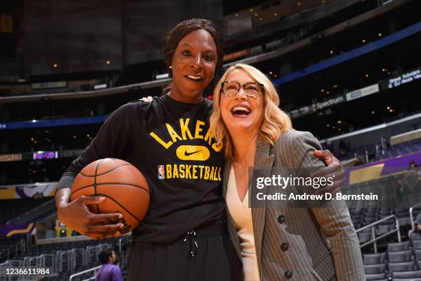 Associate Coach Shay Murphy of the Los Angles Lakers talks with sports commentator, Doris Burke, before the game on October 22, 2021 at STAPLES...