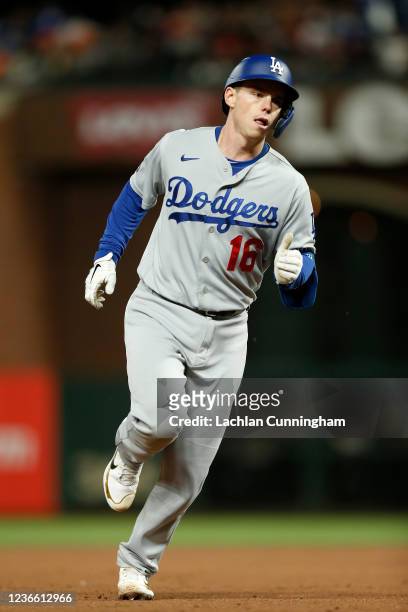 Will Smith of the Los Angeles Dodgers rounds the bases during Game 2 of the NLDS between the Los Angeles Dodgers and the San Francisco Giants at...