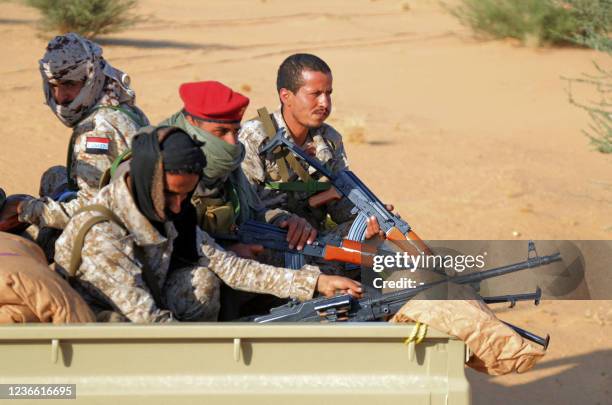 Yemeni army reinforcements arrive to join fighters loyal to Yemen's Saudi-backed government, on the southern front of Marib, the last remaining...