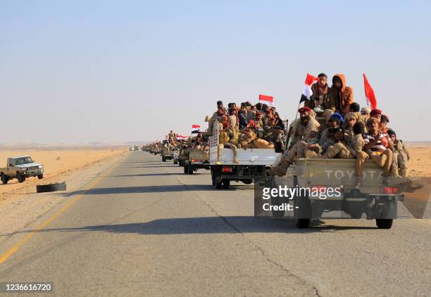 Yemeni army reinforcements arrive to join fighters loyal to Yemen's Saudi-backed government, on the southern front of Marib, the last remaining...