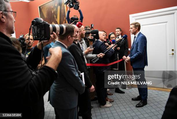 The chairman of the Danish People's Party, Kristian Thulesen Dahl , is interviewed by the media after leaving a group meeting with Danish People's...