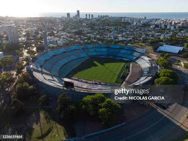 Aerial view of the Centenario Stadium in Montevideo, taken on November 15, 2021. - The mythical Centenario, site of the first ever World Cup final in...