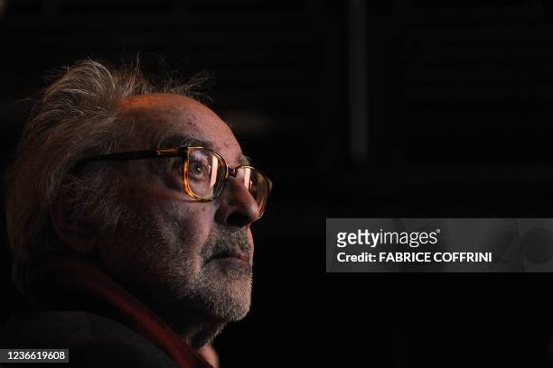 Swiss French New Wave director Jean-Luc Godard looks on prior to receive the "Grand Prix Design" during the Swiss Federal Design Awards 2010 award...