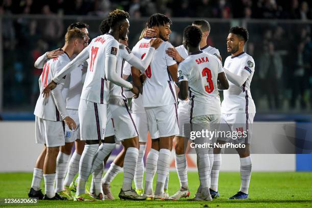 England team celebrate England's Jude Bellingham during the FIFA World Cup Qatar 2022 World Cup qualifiers - San Marino vs England on November 15,...