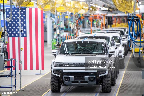 General view of GMC Hummer EVs is pictured on November 17, 2021 at General Motors' Factory ZERO electric vehicle assembly plant in Detroit, Michigan....