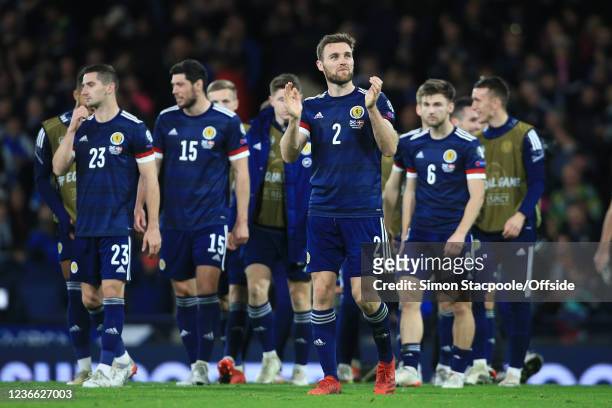 Stephen O'Donnell of Scotland celebrates victory after the 2022 FIFA World Cup Qualifier match between Scotland and Denmark at Hampden Park on...