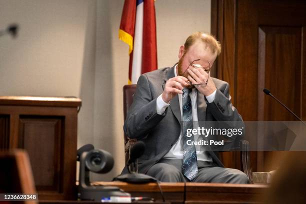 Travis McMichael reacts to questions during his testimony in his trial in the Glynn County Courthouse on November 17, 2021 in Brunswick, Georgia....