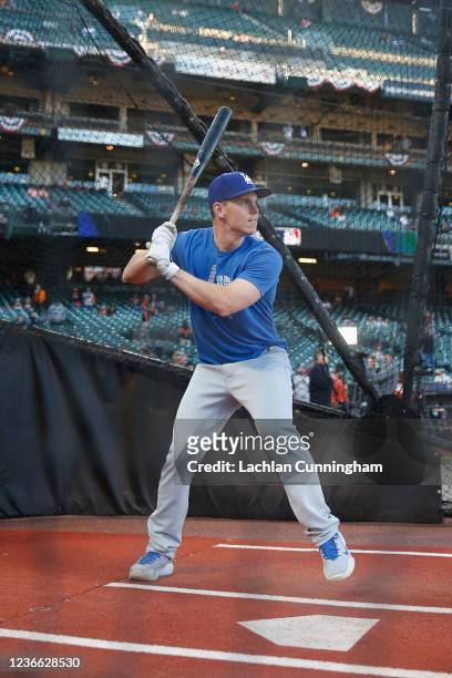 Will Smith of the Los Angeles Dodgers takes batting practice before Game 5 of the NLDS between the Los Angeles Dodgers and the San Francisco Giants...