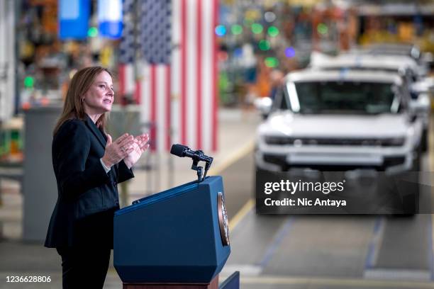 General Motors CEO Mary Barra speaks at the General Motors Factory ZERO electric vehicle assembly plant on November 17, 2021 in Detroit, Michigan....