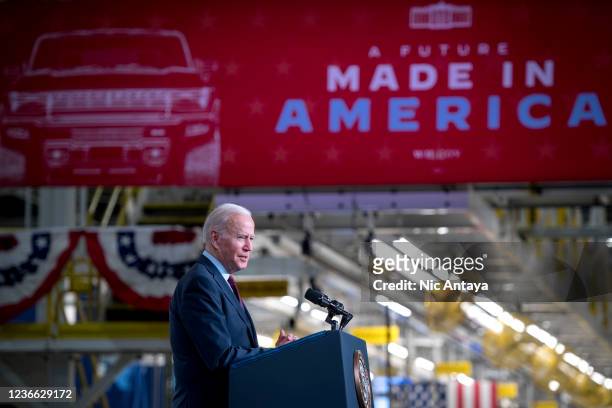 President Joe Biden speaks at the General Motors Factory ZERO electric vehicle assembly plant on November 17, 2021 in Detroit, Michigan. Biden was in...