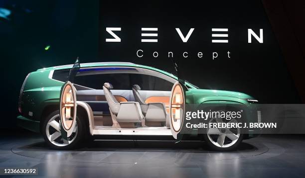 The Hyundai Seven concept vechicle is unveiled at at the LA Auto Show in Los Angeles, California on November 17, 2021. / The erroneous mention...