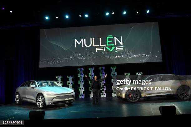 David Michery, CEO and founder of Mullen Automotive, speaks as the Mullen FIVE electric crossover sport utility vehicle is unveiled during...