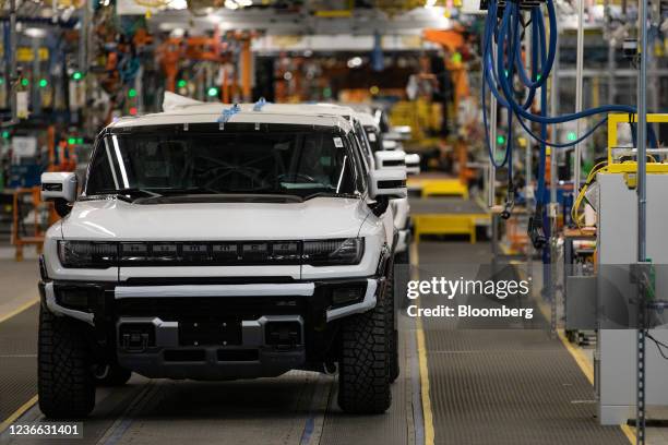 Hummer electric vehicles on the production line at General Motors' Factory ZERO all-electric vehicle assembly plant in Detroit, Michigan, U.S., on...