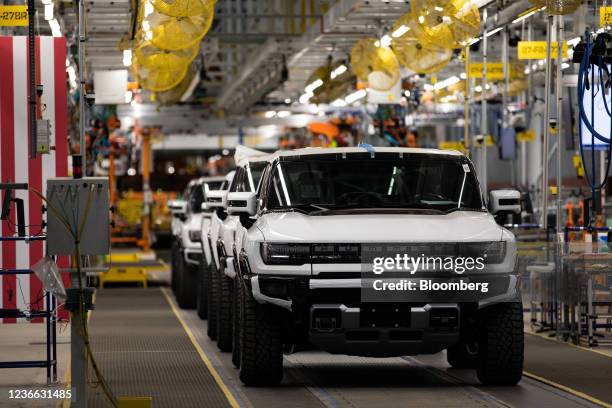 Hummer electric vehicles on the production line at General Motors' Factory ZERO all-electric vehicle assembly plant in Detroit, Michigan, U.S., on...