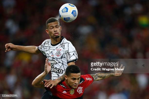 Joao Victor of Corinthians jumps for the ball against Joao Gomes of Flamengo during a match between Flamengo and Corinthians as part of Brasileirao...