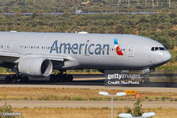 American Airlines Boeing 777-200 aircraft as seen taxiing after landing at Athens International Airport ATH LGAV in the Greek capital. The wide-body...