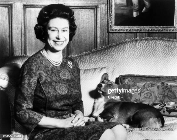 Headshot taken on February 26, 1970 of Queen Elizabeth II posing with her Corgis dog.