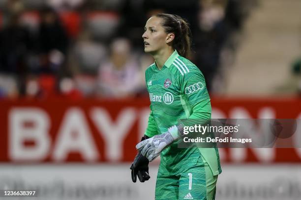 Goalkeeper Laura Benkarth of Bayern Muenchen looks on during the UEFA Women's Champions League group D match between Bayern München and Olympique...
