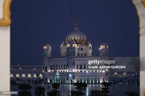 General view shows the Gurdwara Darbar Sahib on the eve of the birth anniversary of Guru Nanak, founder of Sikhism, in Kartarpur near the...