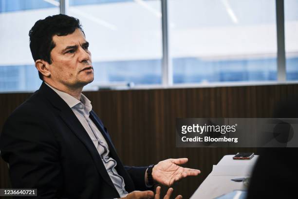 Sergio Moro, former Carwash corruption probe judge, speaks during an interview in Brasilia, Brazil, on Wednesday, Nov. 17, 2021. As a star...