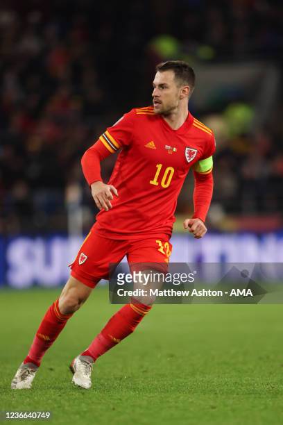 Aaron Ramsey of Wales during the 2022 FIFA World Cup Qualifier match between Wales and Belgium at Cardiff City Stadium on November 16, 2021 in...