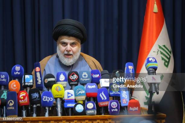 Iraqi Shia cleric Muqtada al-Sadr holds a press conference in Najaf, Iraq on November 18, 2021.