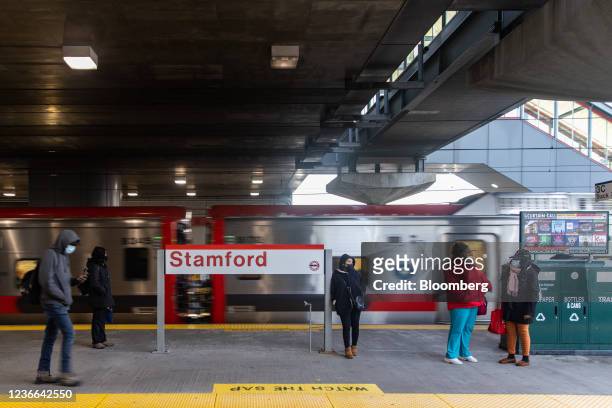 Commuters on the platform of a Metro-North station in Stamford, Connecticut, U.S., on Thursday, Nov. 18, 2021. Metro-North's daily ridership numbers...