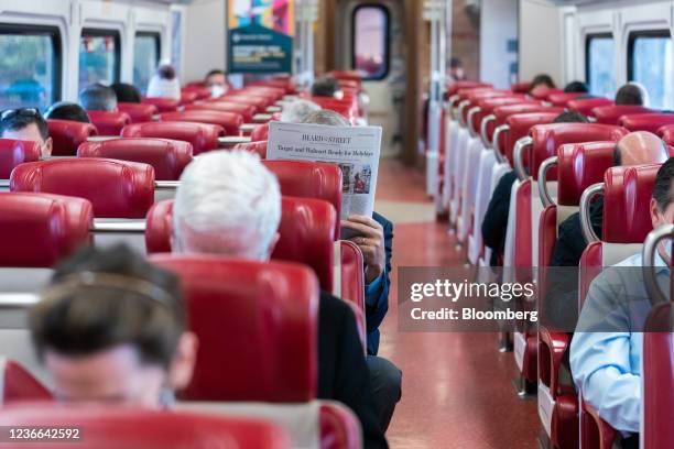 Commuters on a Metro-North train that departed from Stamford, Connecticut, U.S., on Thursday, Nov. 18, 2021. Metro-North's daily ridership numbers...