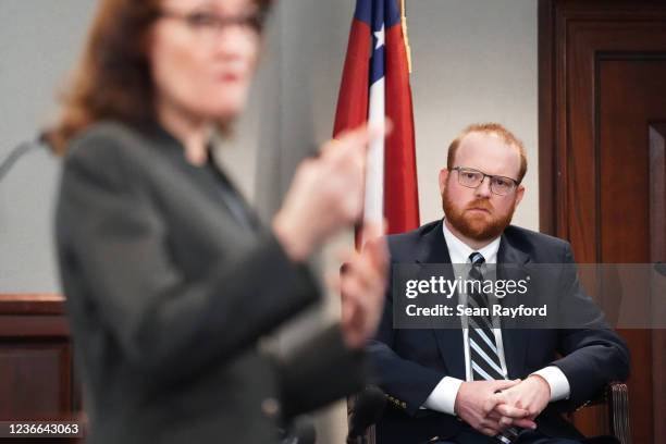 Defendant Travis McMichael testifies under cross-examination by prosecutor Linda Dunikoski at the Glynn County Courthouse on November 18, 2021 in...